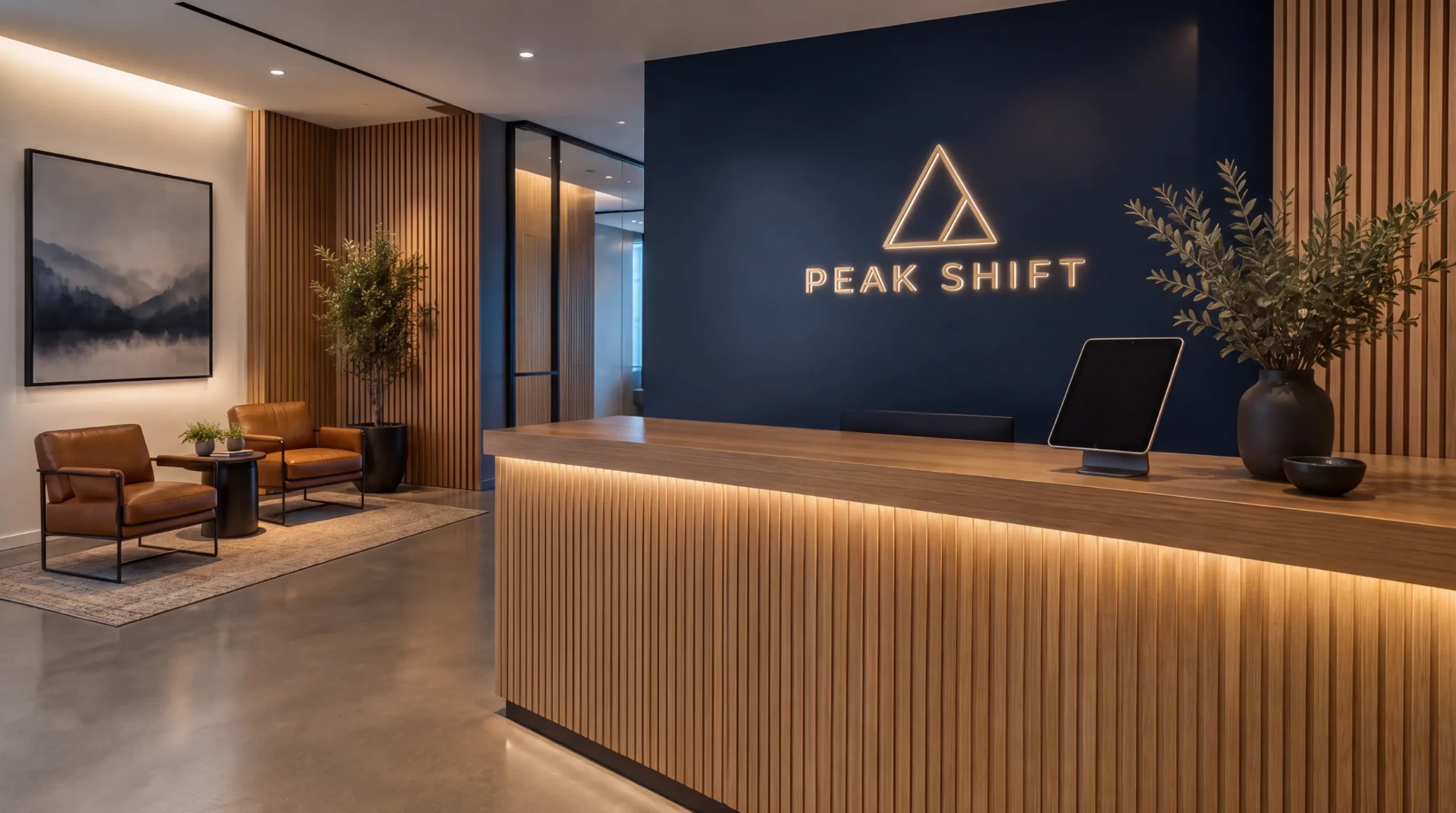 Concept rendering of a Peak Shift clinic reception with a backlit logo sign