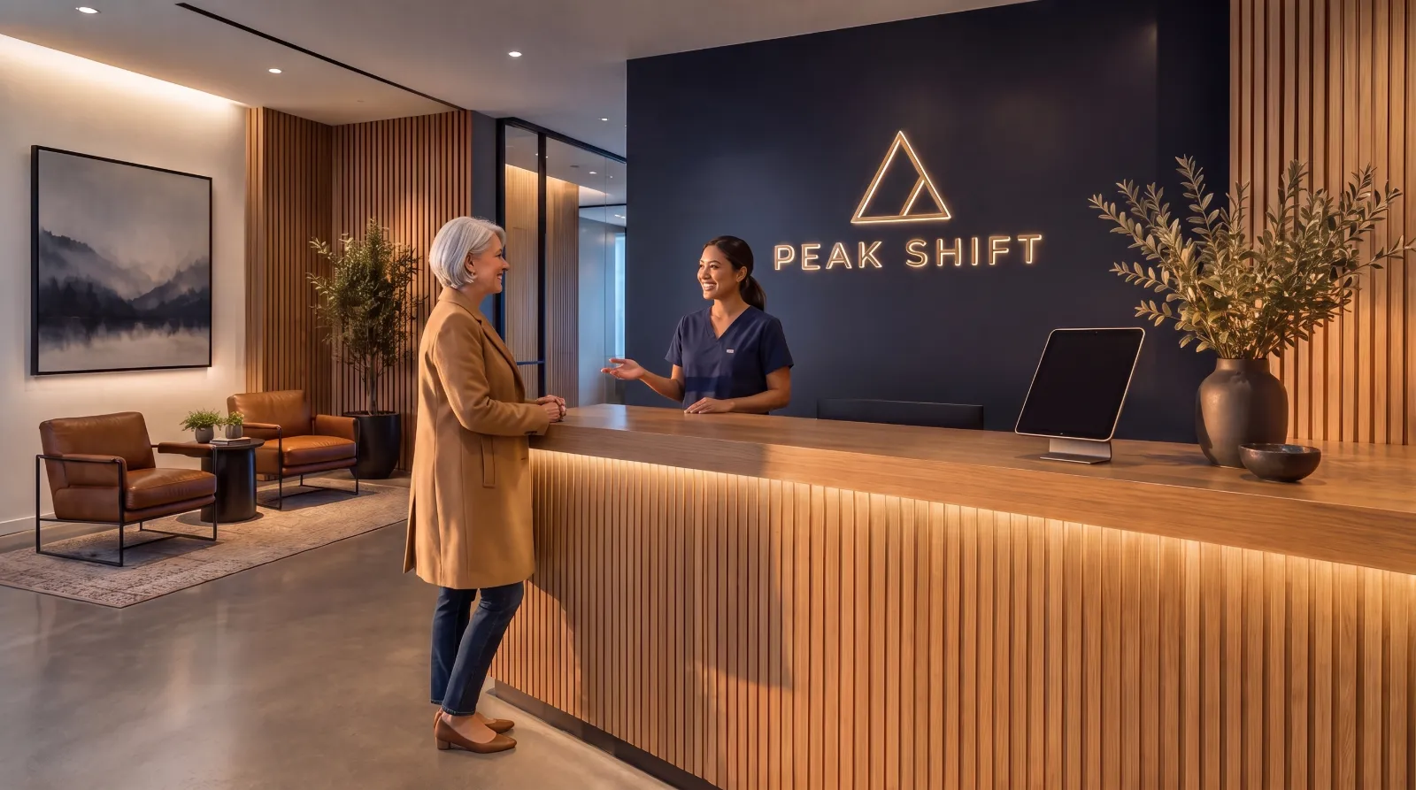 Concept rendering of a Peak Shift front-desk coordinator welcoming the first client at reception.