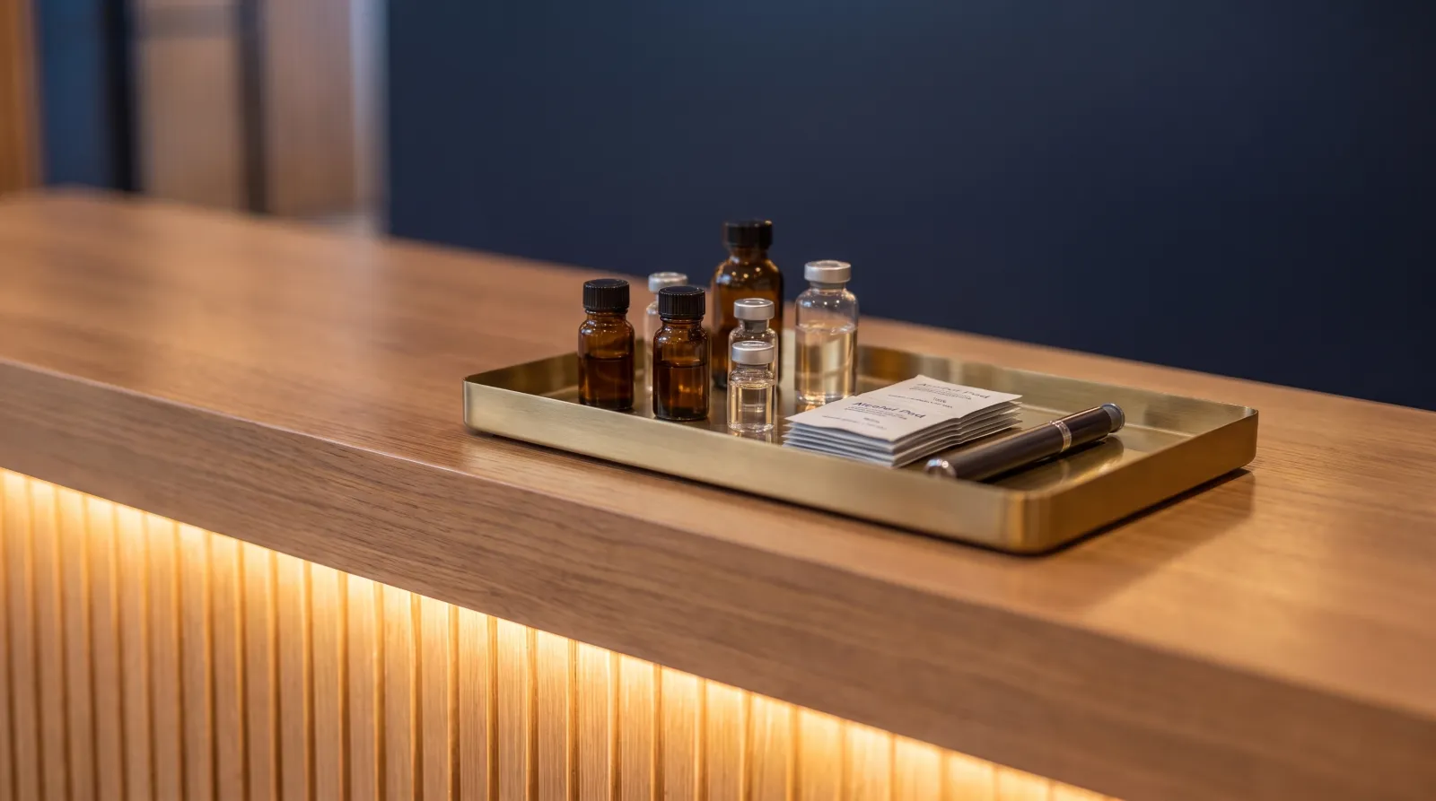 Concept rendering of a brass tray of clinic supplies on an oak reception counter.