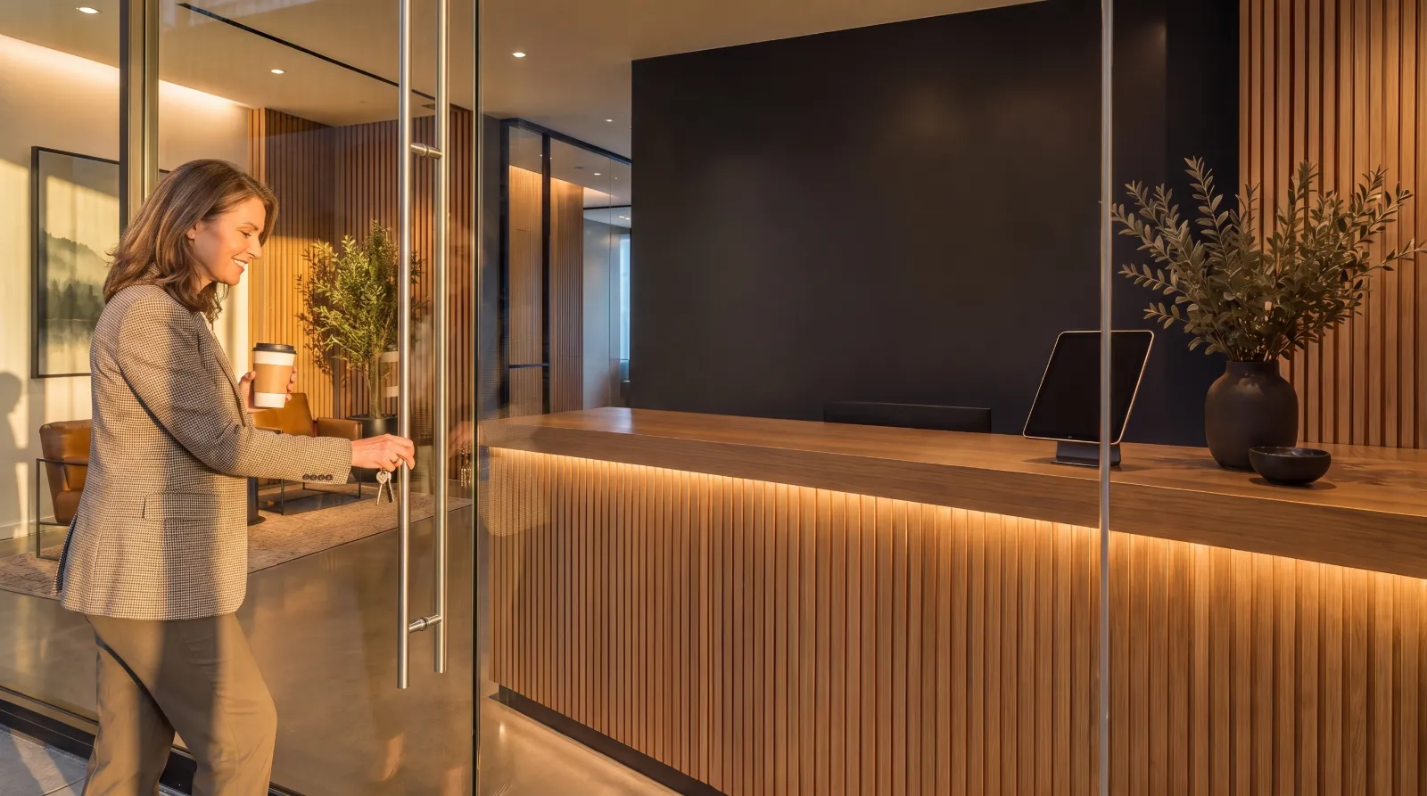 Concept rendering of a clinic owner walking into her own unbranded lobby.